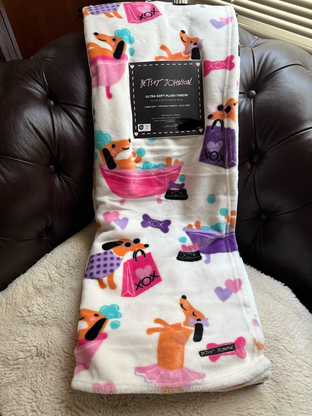 Betsey Johnson White Plush Throw with Pink, Purple, Orange and Aqua Dog Print